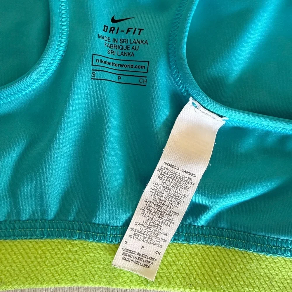 Nike Pro Dri-FIT Sports Bra Teal Lime Green Classic Swoosh Women's Size Small